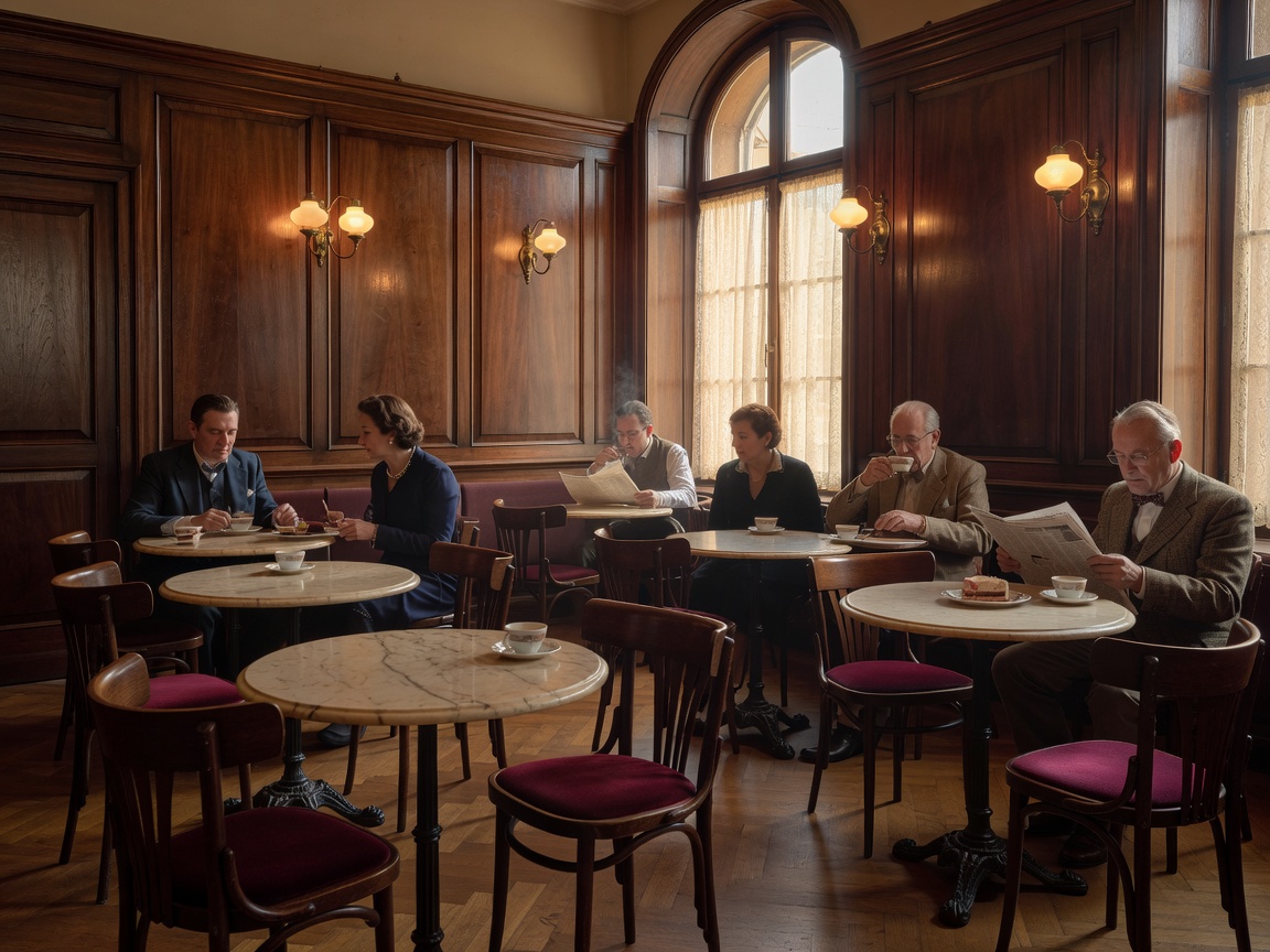 Classic Viennese café dining room with wood paneling and marble tables