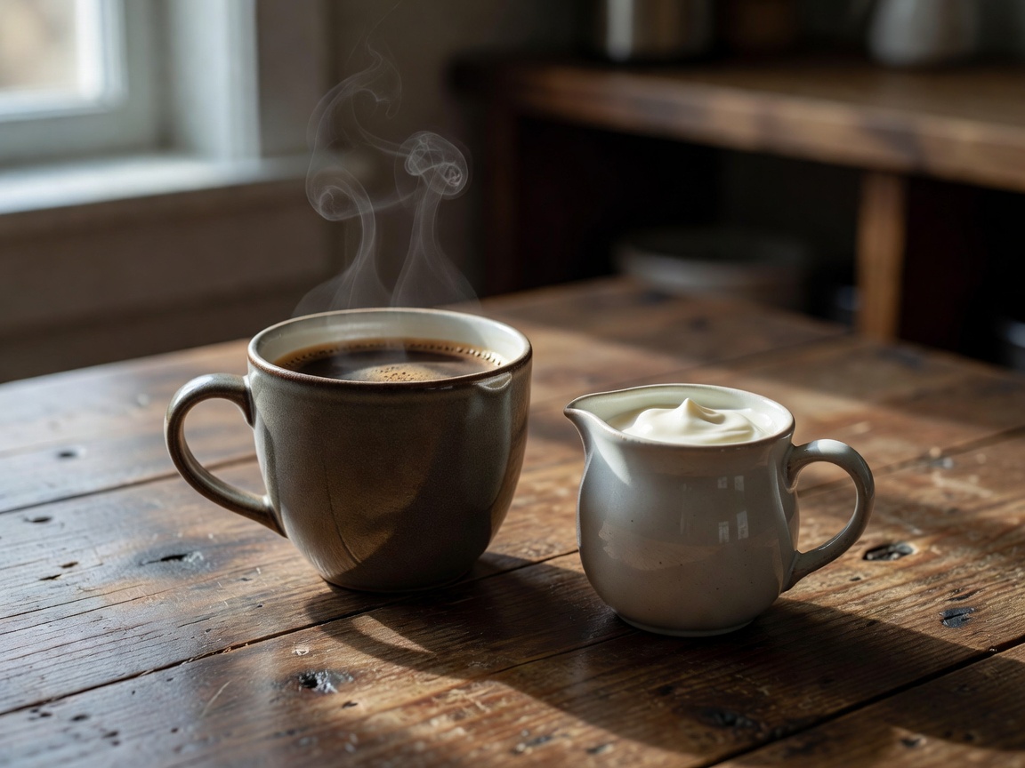 Coffee cup with small ceramic jug of heavy cream on side