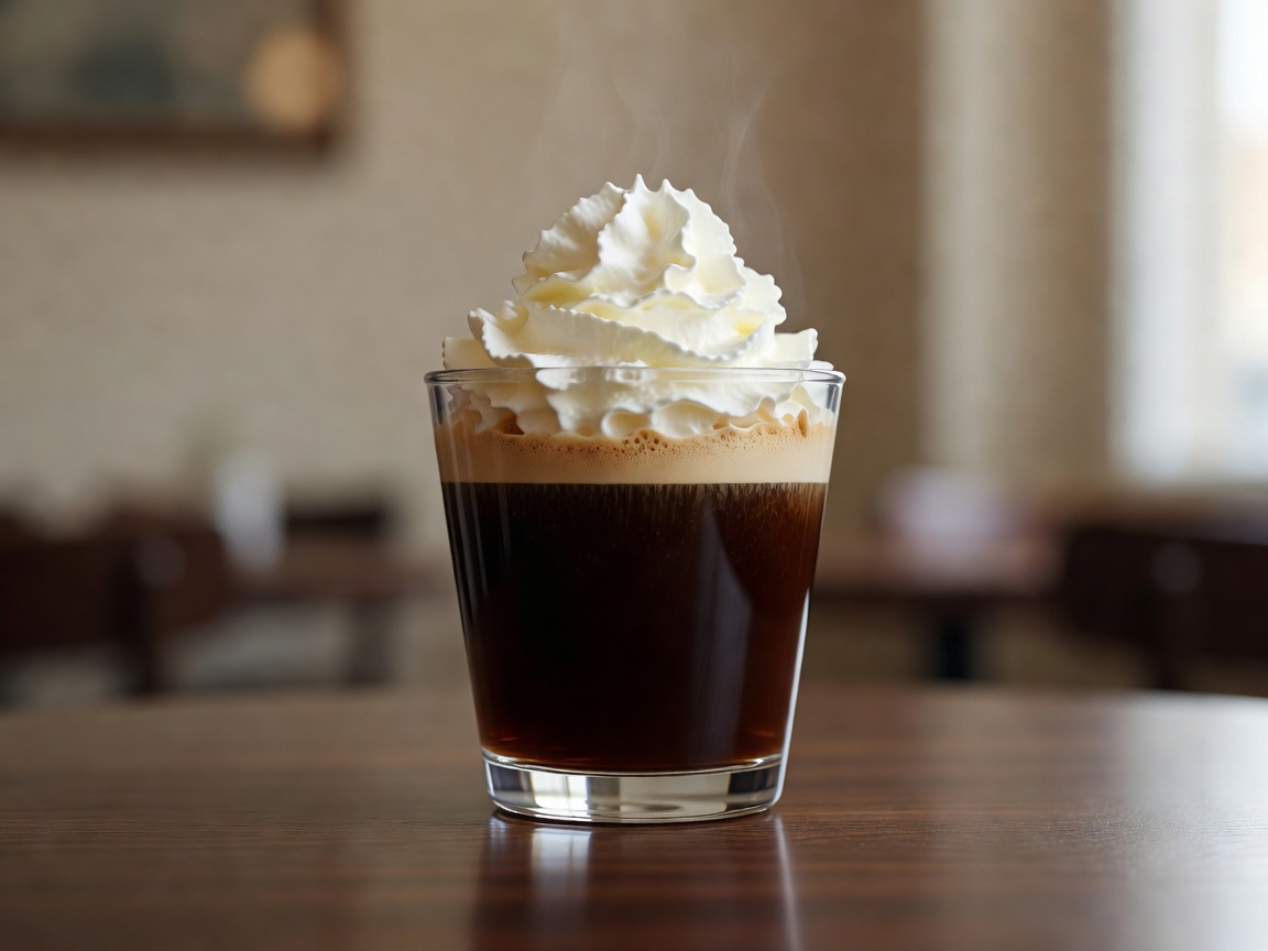 Einspänner coffee in a transparent glass with tall whipped cream