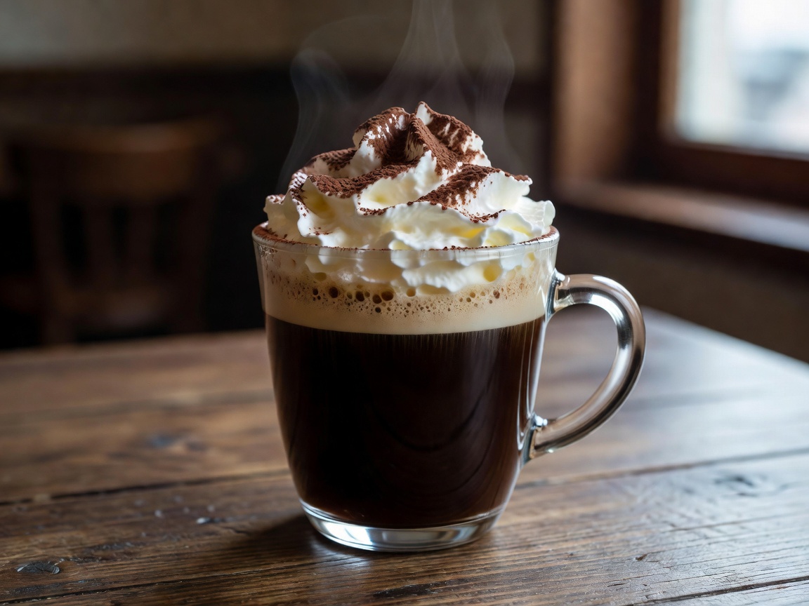 Franziskaner coffee with whipped cream and cocoa powder dusting