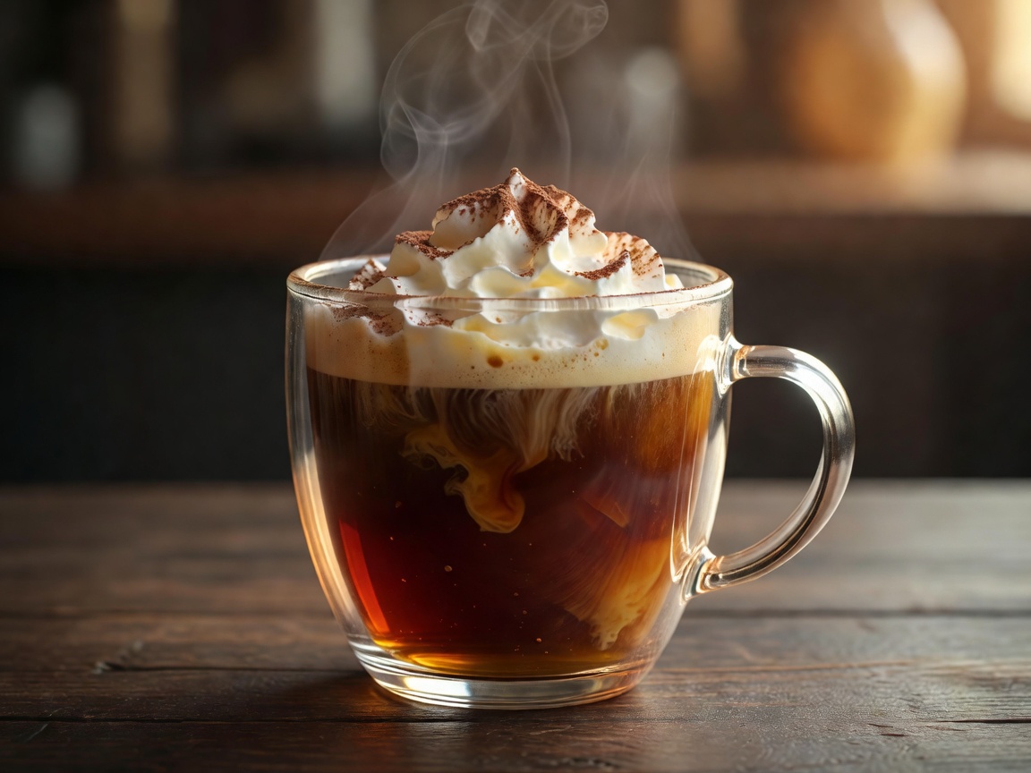 Glass mug of warm coffee with dark spirits and whipped cream