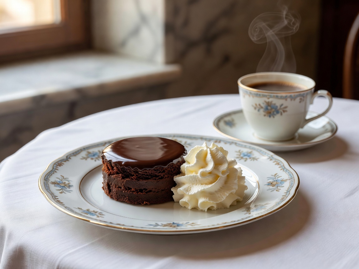 Plated Original Sacher-Torte with whipped cream and fine porcelain coffee cup