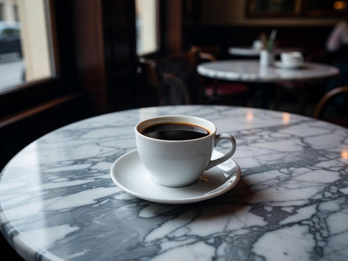 Single shot of dark Viennese black coffee on marble table