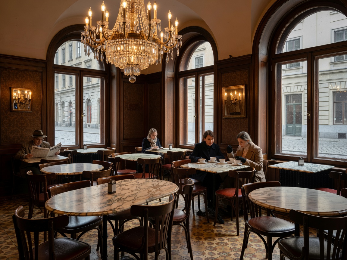 Viennese Coffeehouse Interior with Chandelier and Marble Tables